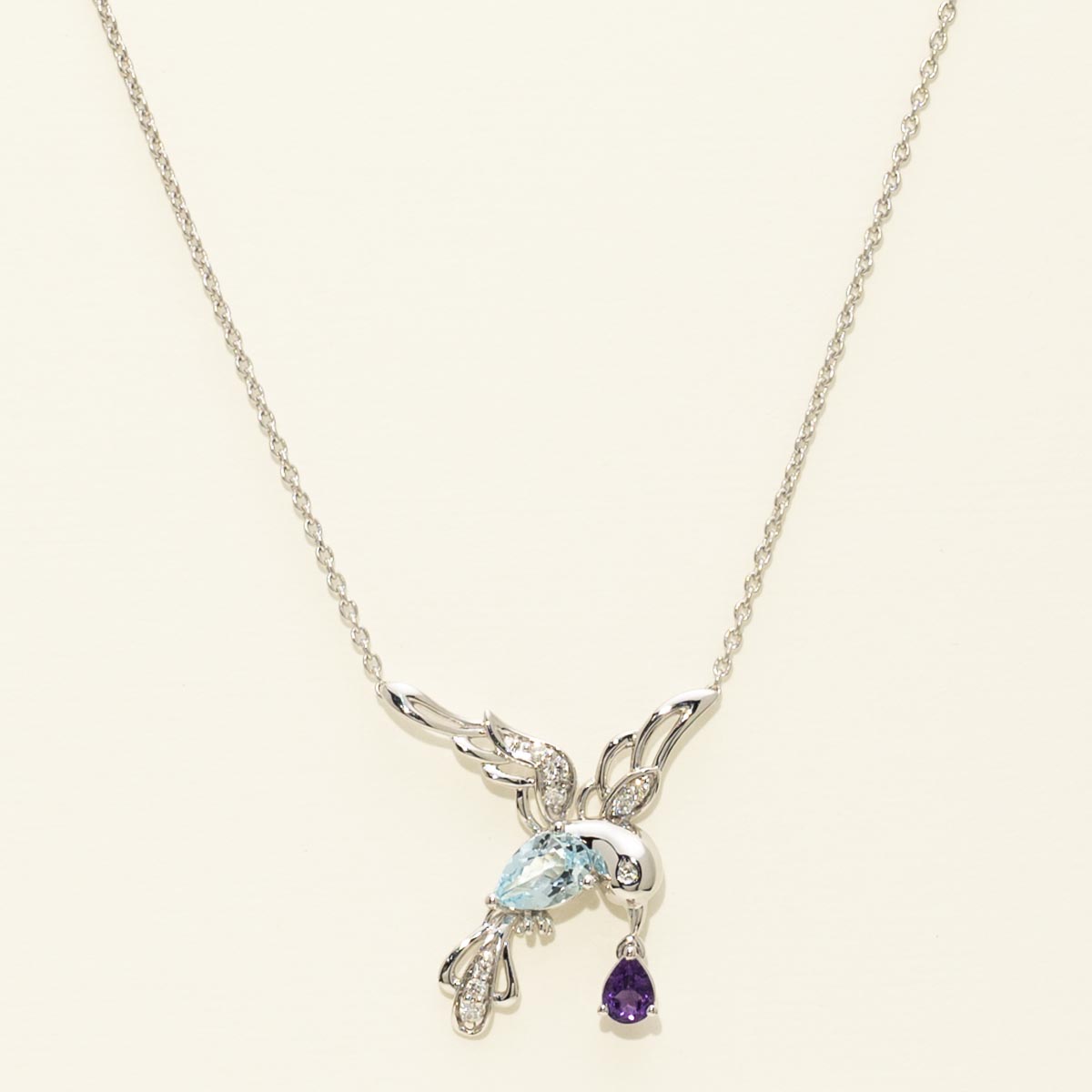 Pear Shaped Swiss Blue Topaz and Amethyst Hummingbird Necklace in 14kt White Gold with Diamonds (1/10ct tw)