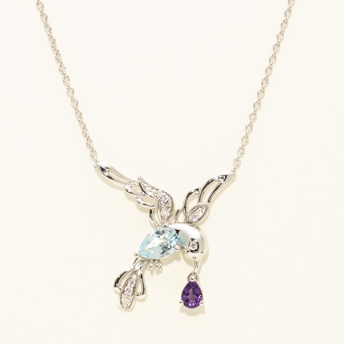 Pear Shaped Swiss Blue Topaz and Amethyst Hummingbird Necklace in 14kt White Gold with Diamonds (1/10ct tw)