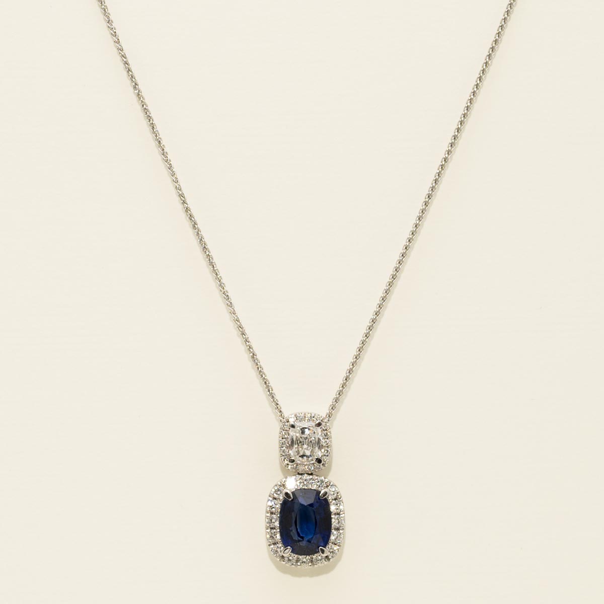 Cushion Cut Sapphire Necklace in 18kt White Gold with Diamonds (1/2ct tw)