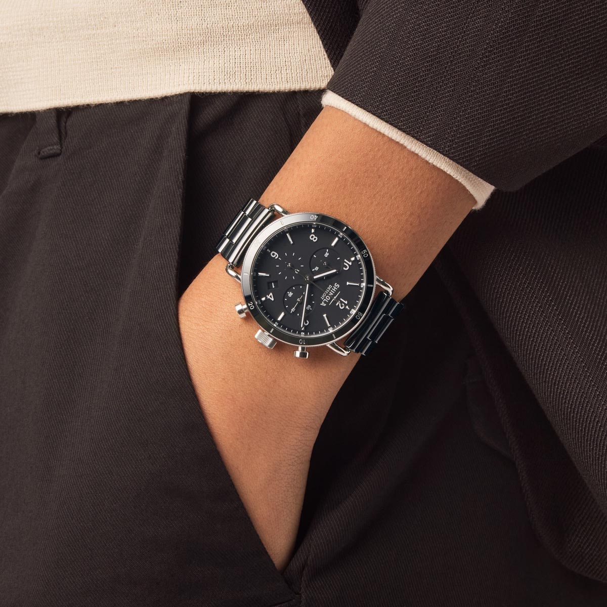 Shinola Canfield Sport Chronograph Watch with Black Dial and Black Ceramic Bracelet (quartz movement)