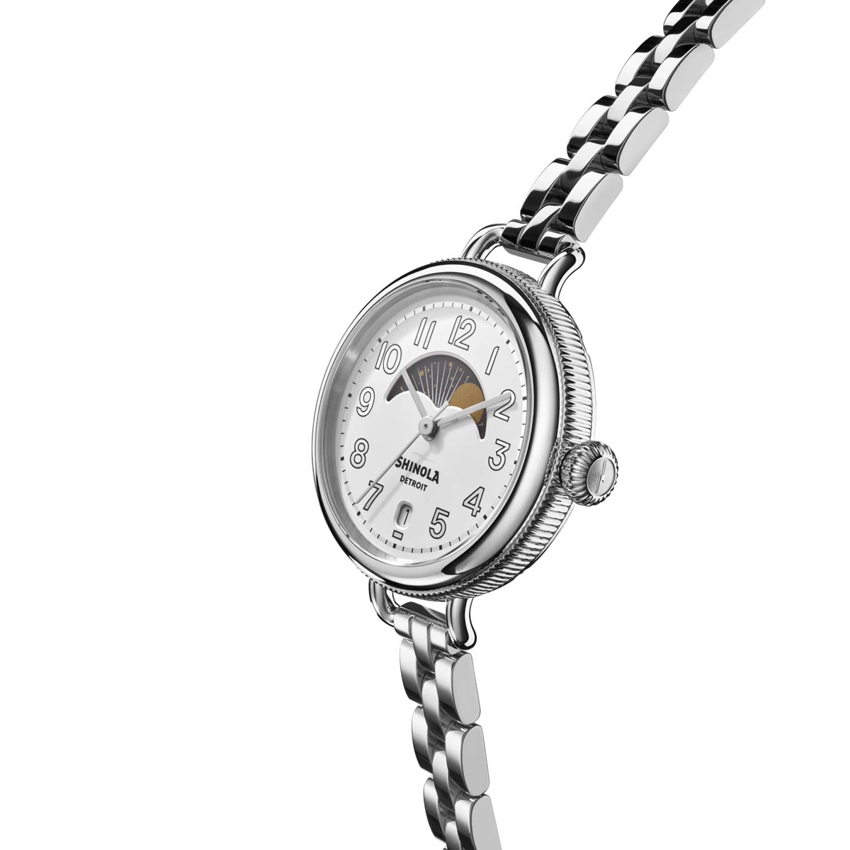Shinola Birdy Moon Phase Watch with White Dial and Stainless Steel Bracelet (quartz movement)