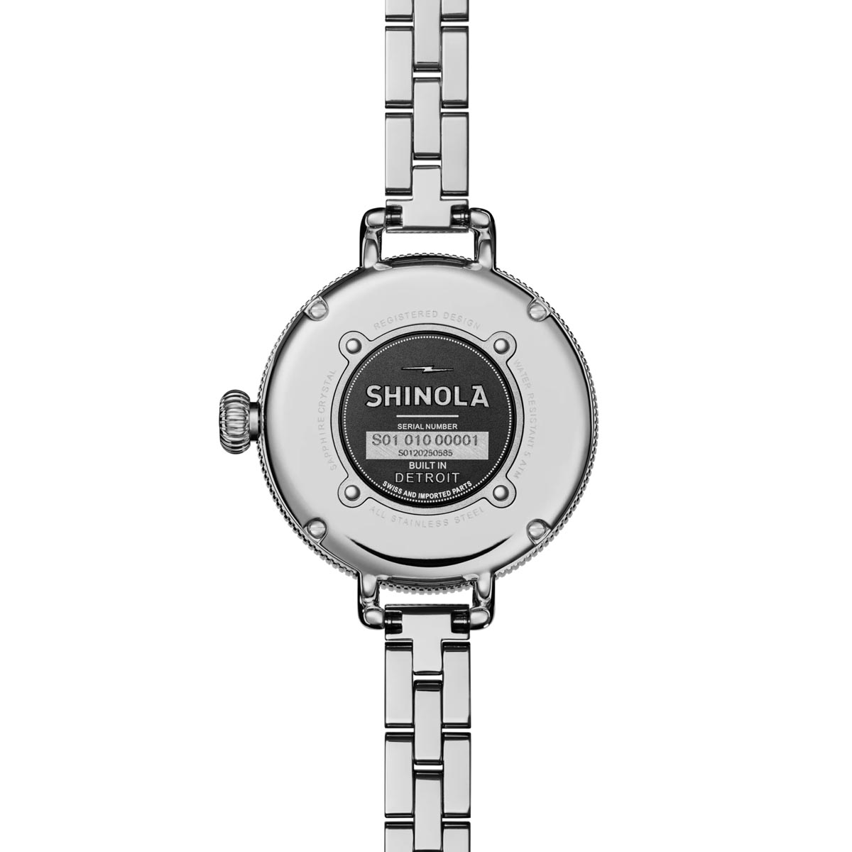 Shinola Birdy Moon Phase Watch with White Dial and Stainless Steel Bracelet (quartz movement)
