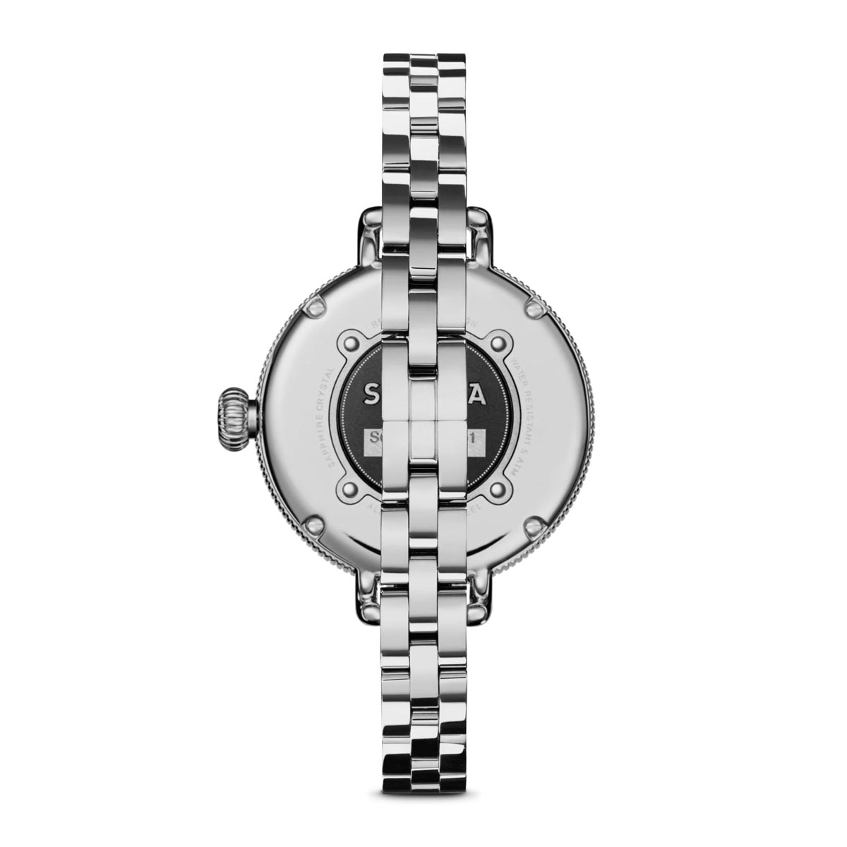 Shinola Birdy Moon Phase Watch with White Dial and Stainless Steel Bracelet (quartz movement)