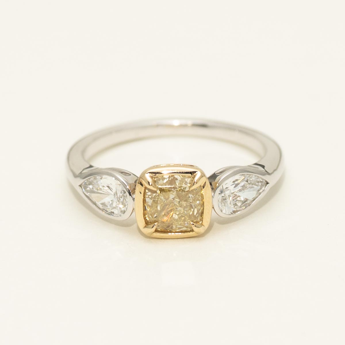 Cushion Cut and Pear Shape Diamond Three Stone Engagement Ring in 14kt White and Yellow Gold (1 5/8ct tw)