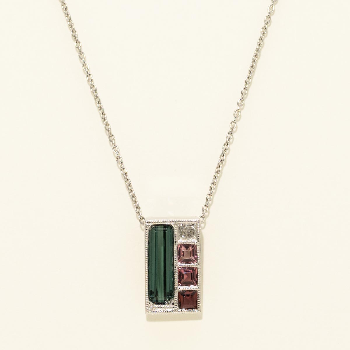 Stained Glass Maine Green and Pink Tourmaline Necklace in 14kt White Gold with Diamonds (1/20ct tw)
