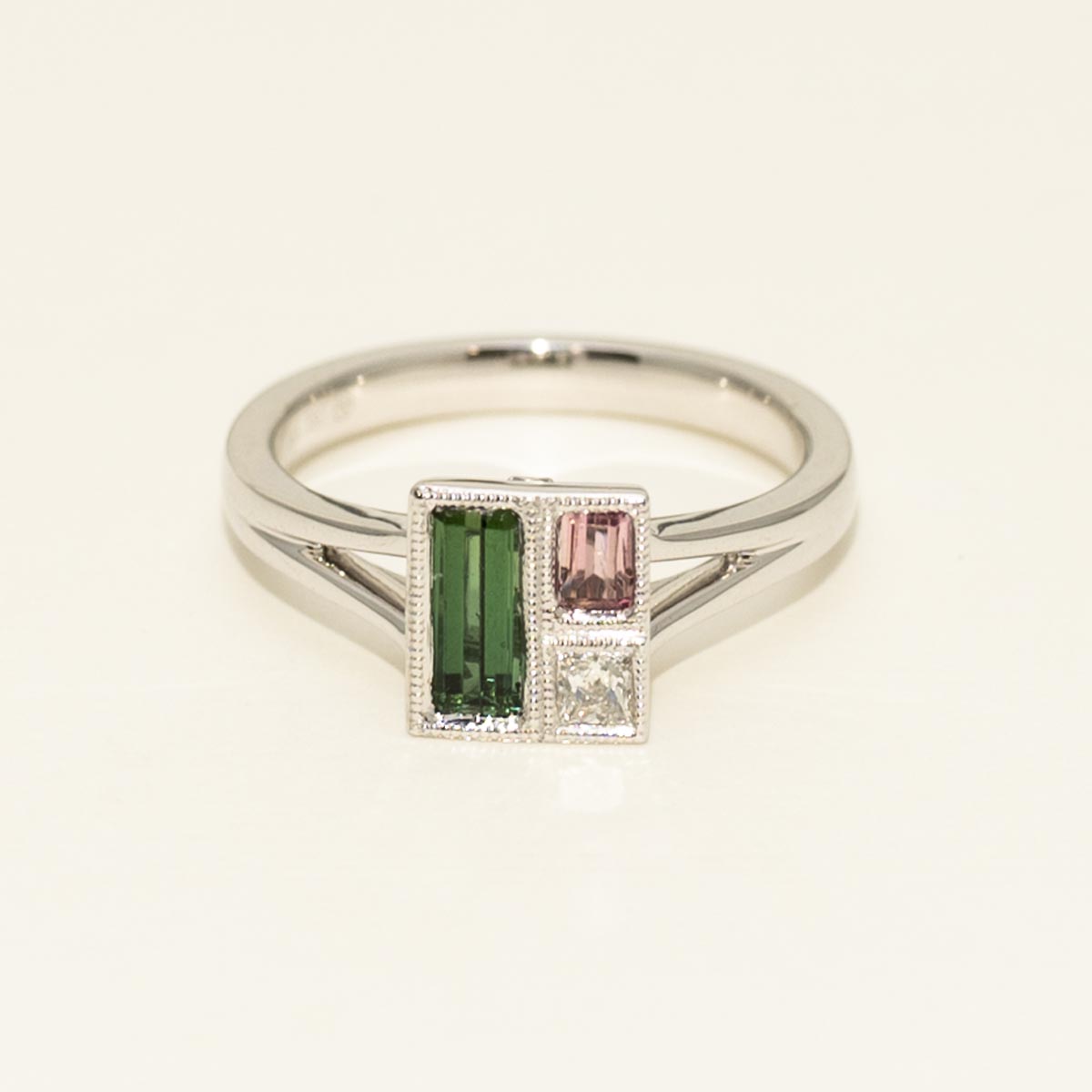 Stained Glass Maine Green and Pink Tourmaline Ring in 14kt White Gold with Diamonds (1/20ct tw)