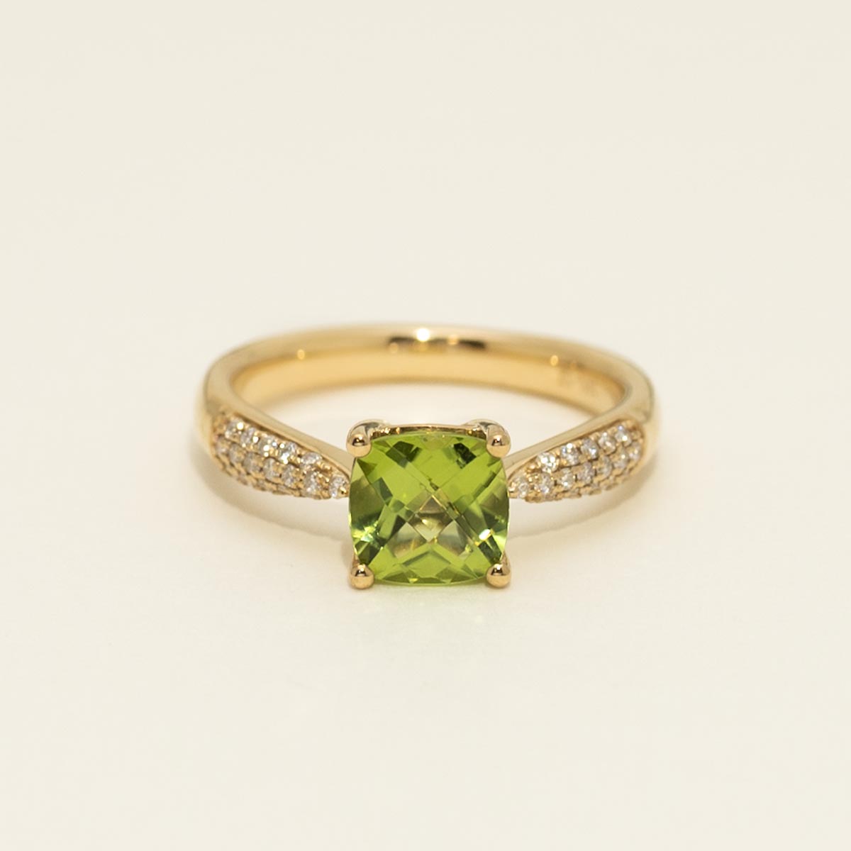 Cushion Cut Peridot Ring in 14kt Yellow Gold with Diamonds (1/7ct tw)