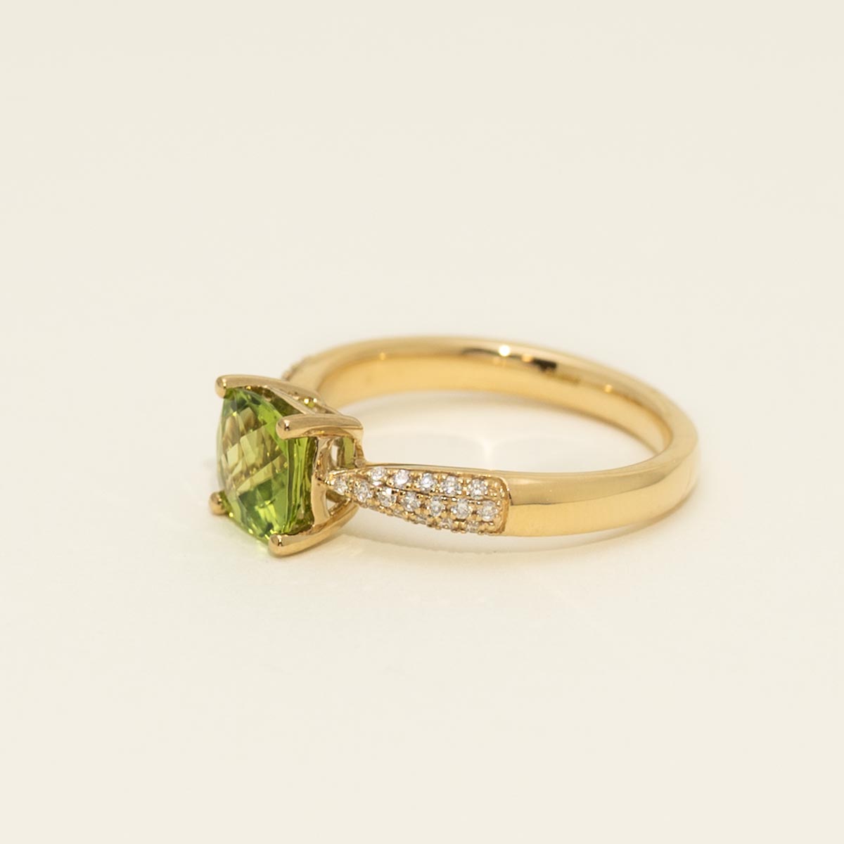 Cushion Cut Peridot Ring in 14kt Yellow Gold with Diamonds (1/7ct tw)