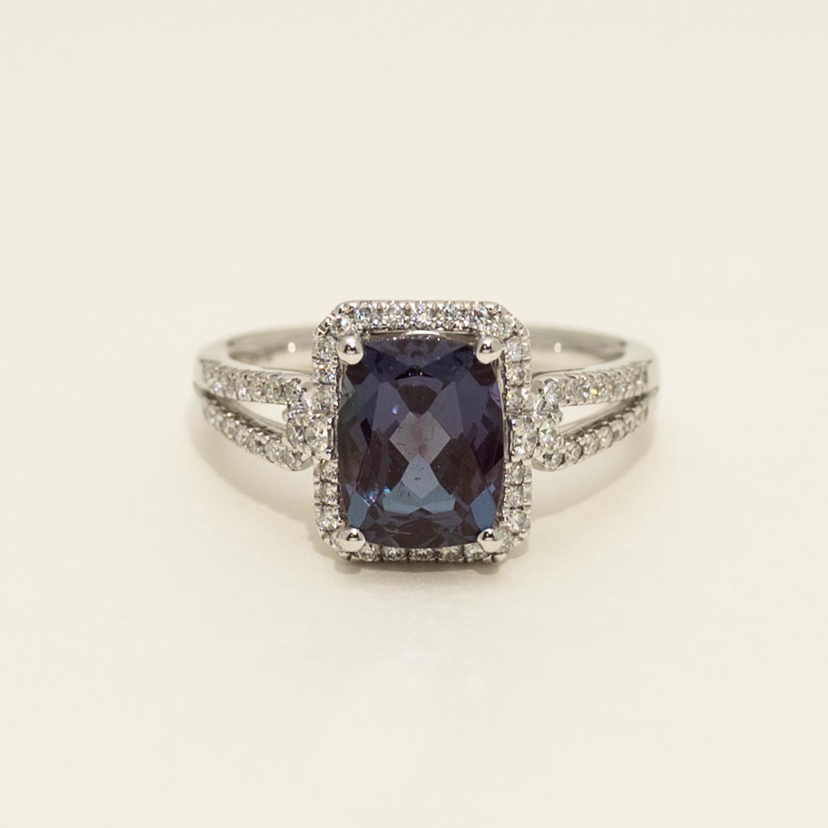 Cushion Cut Created Alexandrite Ring in 14kt White Gold with Diamonds (1/3ct tw)