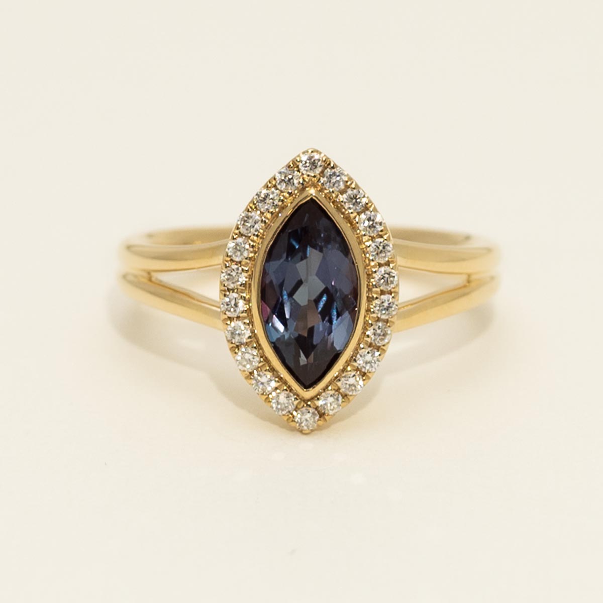 Marquise Created Alexandrite Bezel Ring in 14kt Yellow Gold with Diamonds (1/5ct tw)
