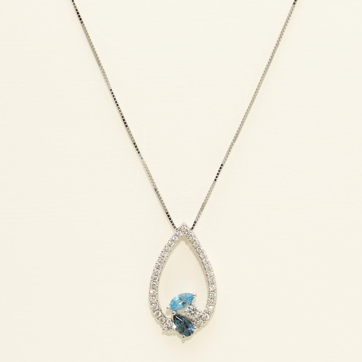 Pear Shape London Blue Topaz and Marquise Blue Topaz Necklace in 14kt White Gold with Diamonds (1/4ct tw)