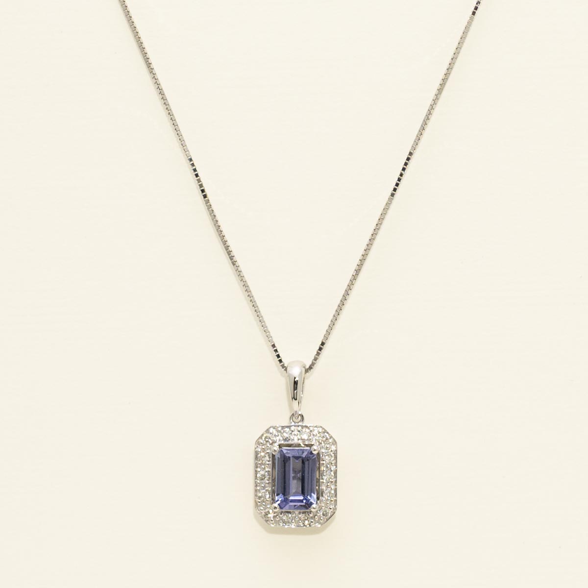 Emerald Cut Tanzanite Necklace in 14kt White Gold with Diamonds (1/10ct tw)