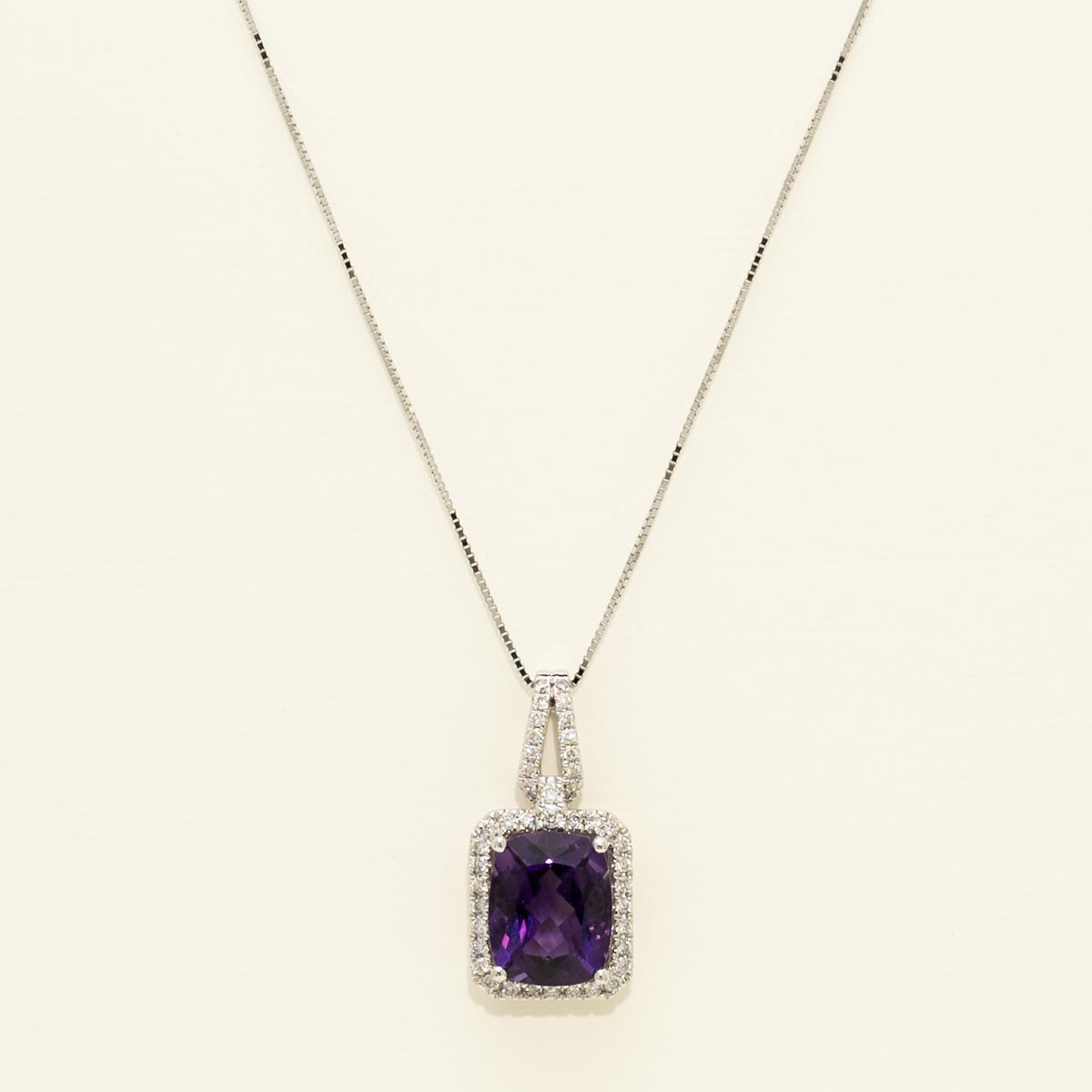 Cushion Cut Amethyst Necklace in 10kt White Gold with Diamonds (1/4ct tw)