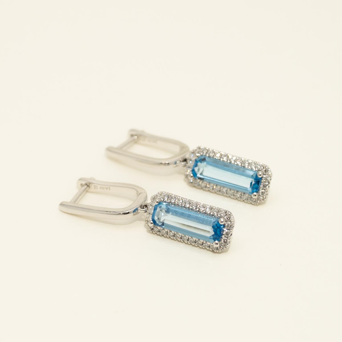 Emerald Cut Blue Topaz Drop Earrings in 14kt White Gold with Diamonds (1/3ct tw)