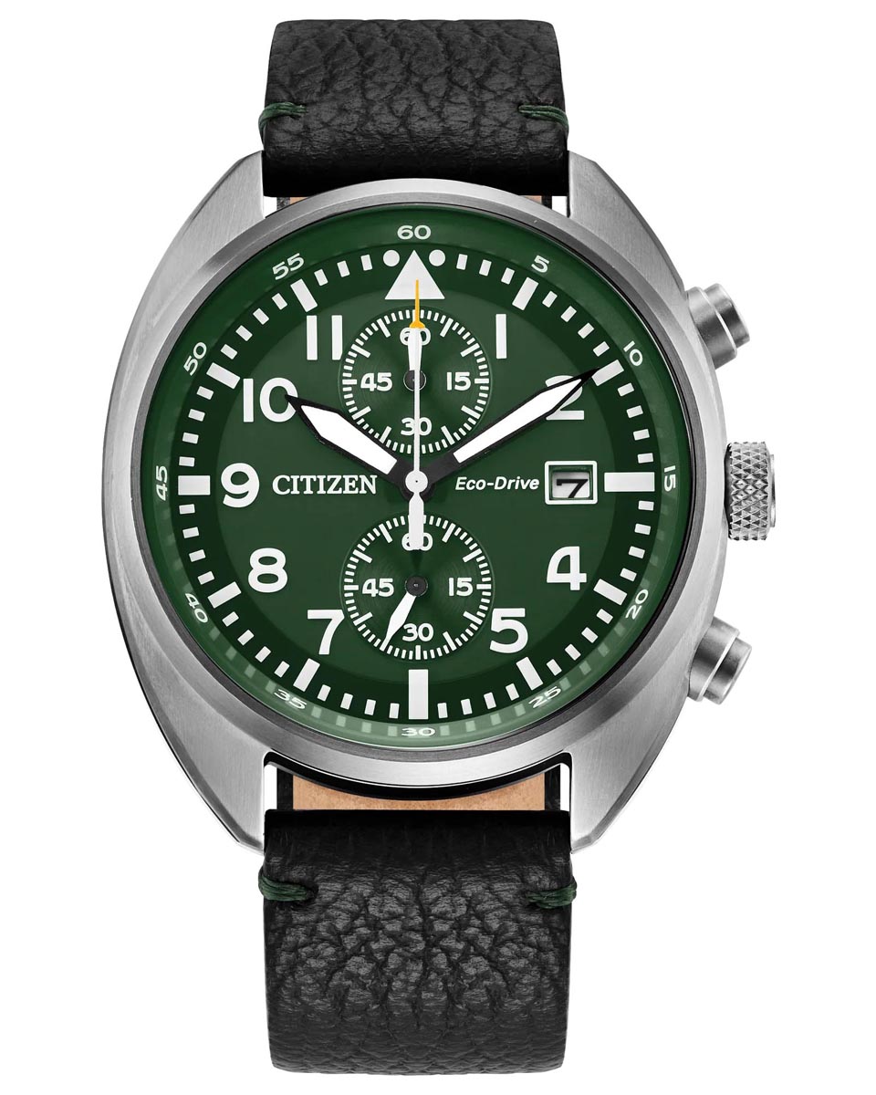 Citizen Sport Casual Chronograph Watch with Green Dial and Black Leather Strap (eco-drive movement)
