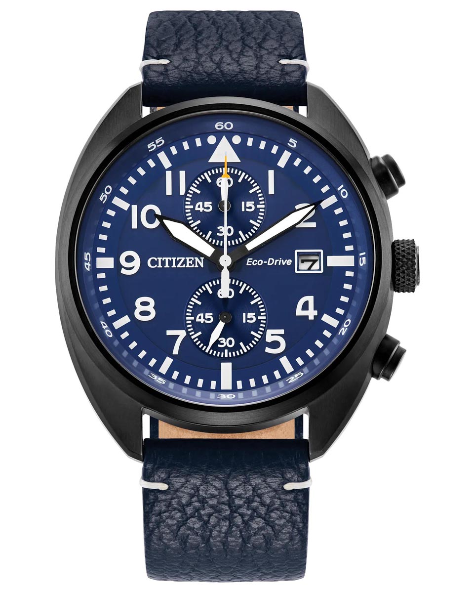 Citizen Sport Casual Chronograph Watch with Blue Dial and Black Leather Strap (eco-drive movement)