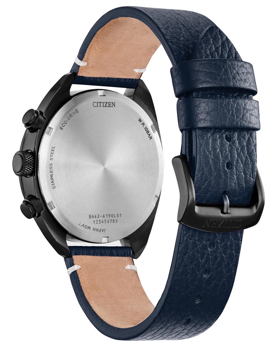 Citizen Sport Casual Chronograph Watch with Blue Dial and Black Leather Strap (eco-drive movement)