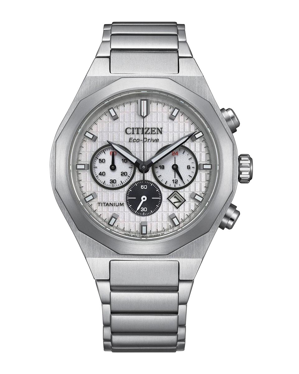 Citizen Zenshin Chronograph Watch with White Dial and Titanium Bracelet (eco-drive movement)