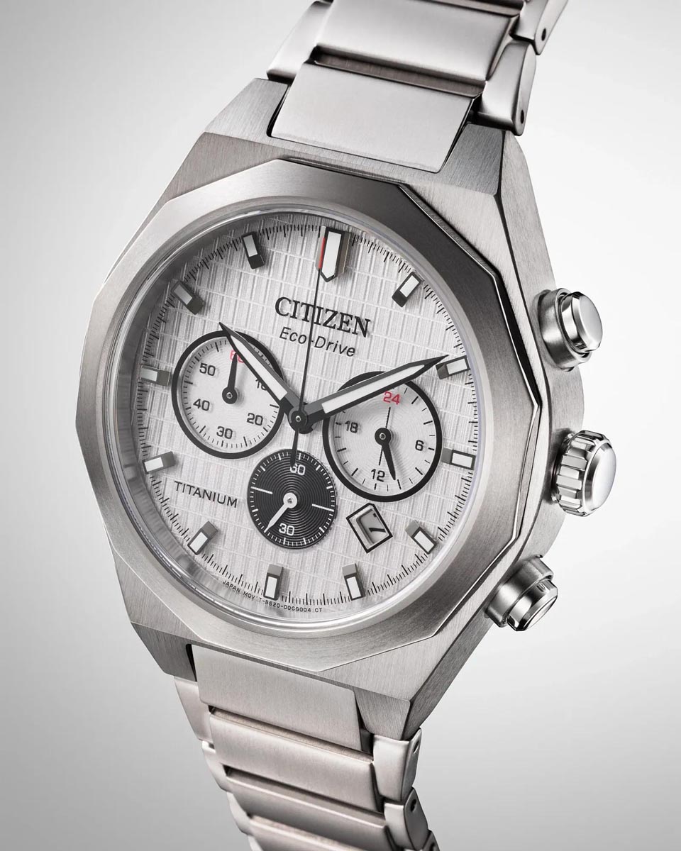 Citizen Zenshin Chronograph Watch with White Dial and Titanium Bracelet (eco-drive movement)