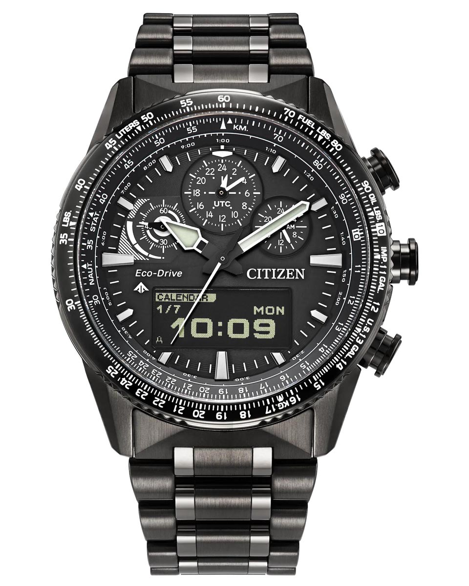 Citizen Promaster Skyhawk U830 Chronograph Watch with Black Dial and Gray Stainless Steel Bracelet (eco-drive movement)