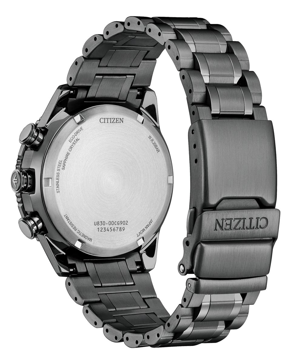 Citizen Promaster Skyhawk U830 Chronograph Watch with Black Dial and Gray Stainless Steel Bracelet (eco-drive movement)