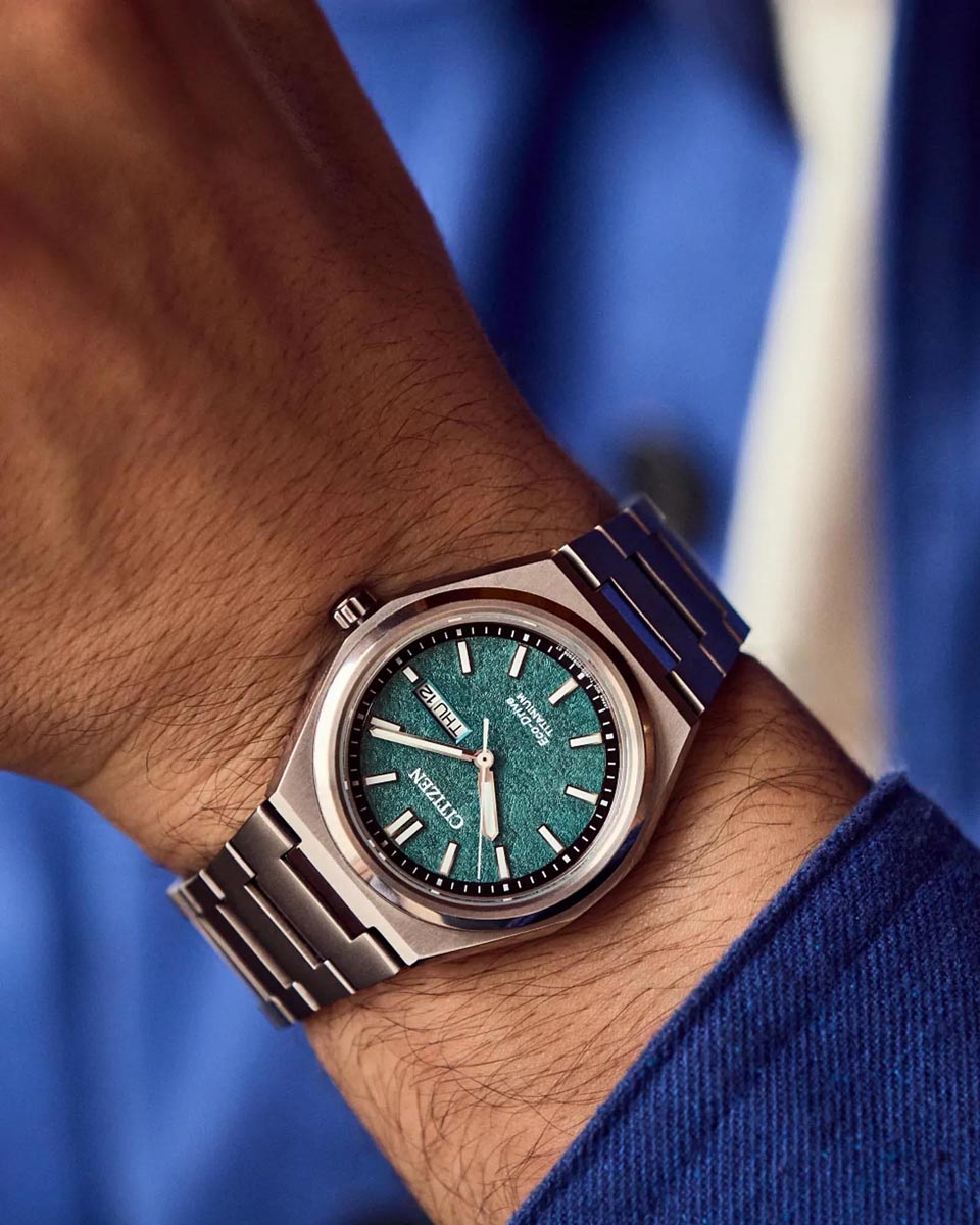 Citizen Zenshin Watch with Green Dial and Titanium Bracelet (eco-drive movement)