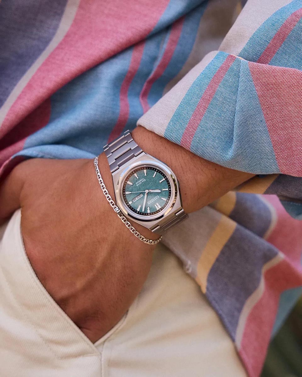 Citizen Zenshin Watch with Green Dial and Titanium Bracelet (eco-drive movement)