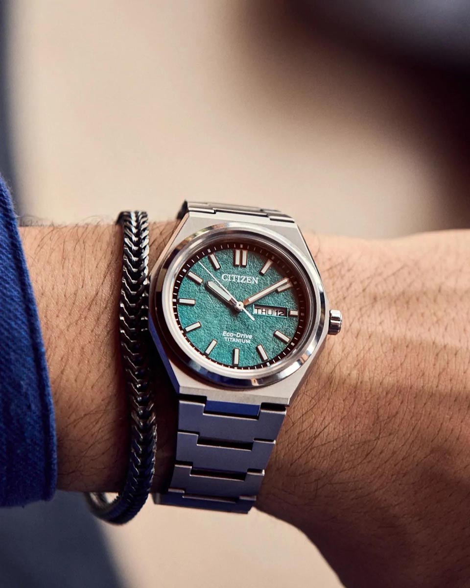 Citizen Zenshin Watch with Green Dial and Titanium Bracelet (eco-drive movement)