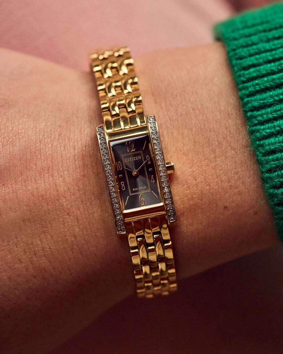 Citizen Petite Palidoro Watch with Black Dial and Gold Toned Stainless Steel Bracelet (eco-drive)