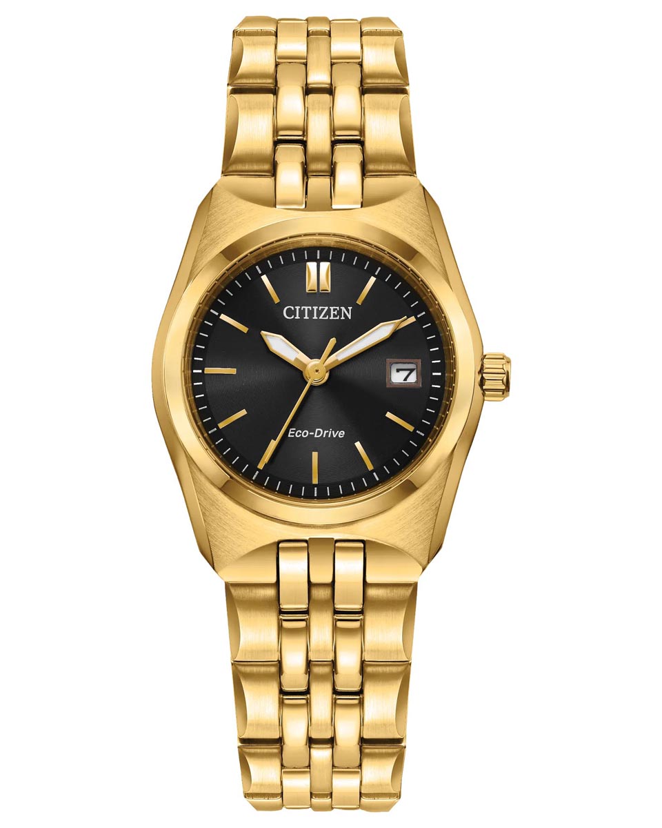 Citizen Corso Watch with Black Dial and Gold Toned Stainless Steel Bracelet (eco-drive movement)