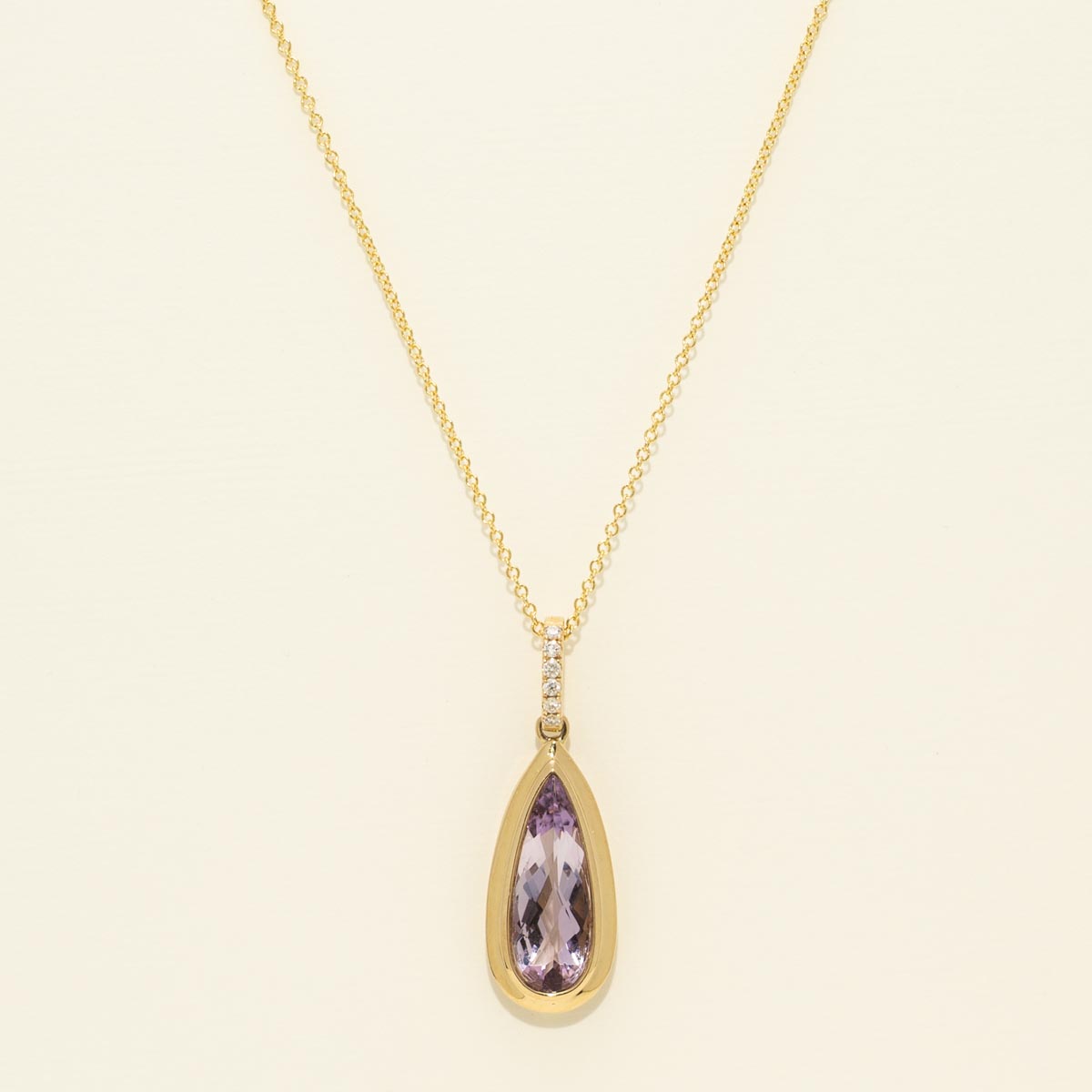 Pear Shape Amethyst Bezel Necklace in 14kt Yellow Gold with Diamonds (1/20ct tw)