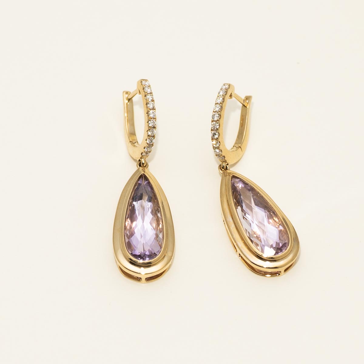 Pear Shape Amethyst Bezel Drop Earrings in 14kt Yellow Gold with Diamonds (1/5ct tw)