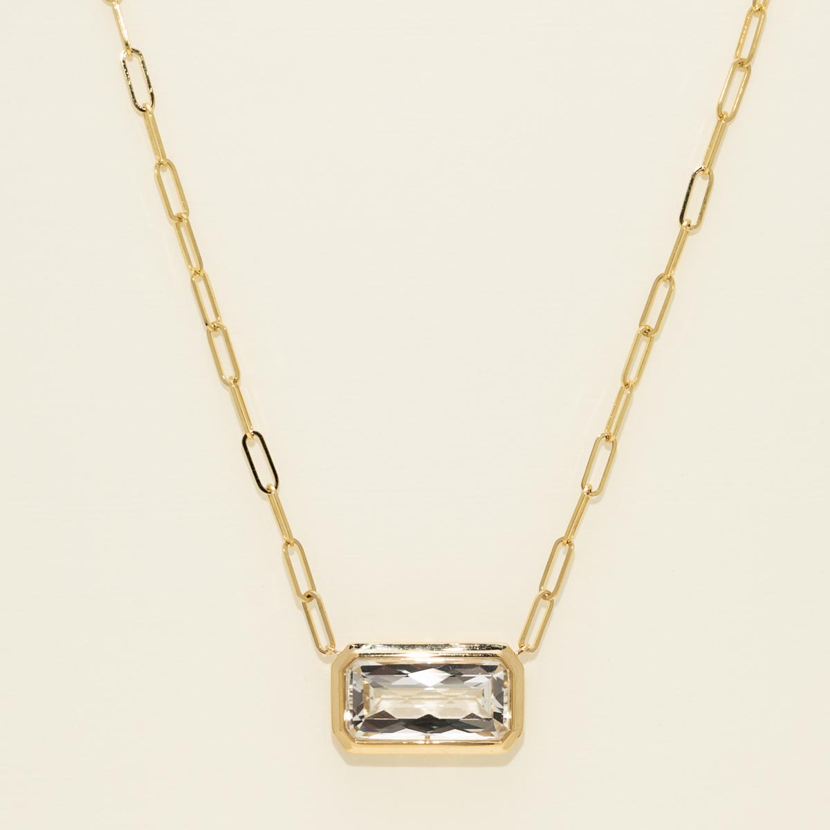 Emerald Cut Colorless Topaz Bezel Necklace in 14kt Yellow Gold