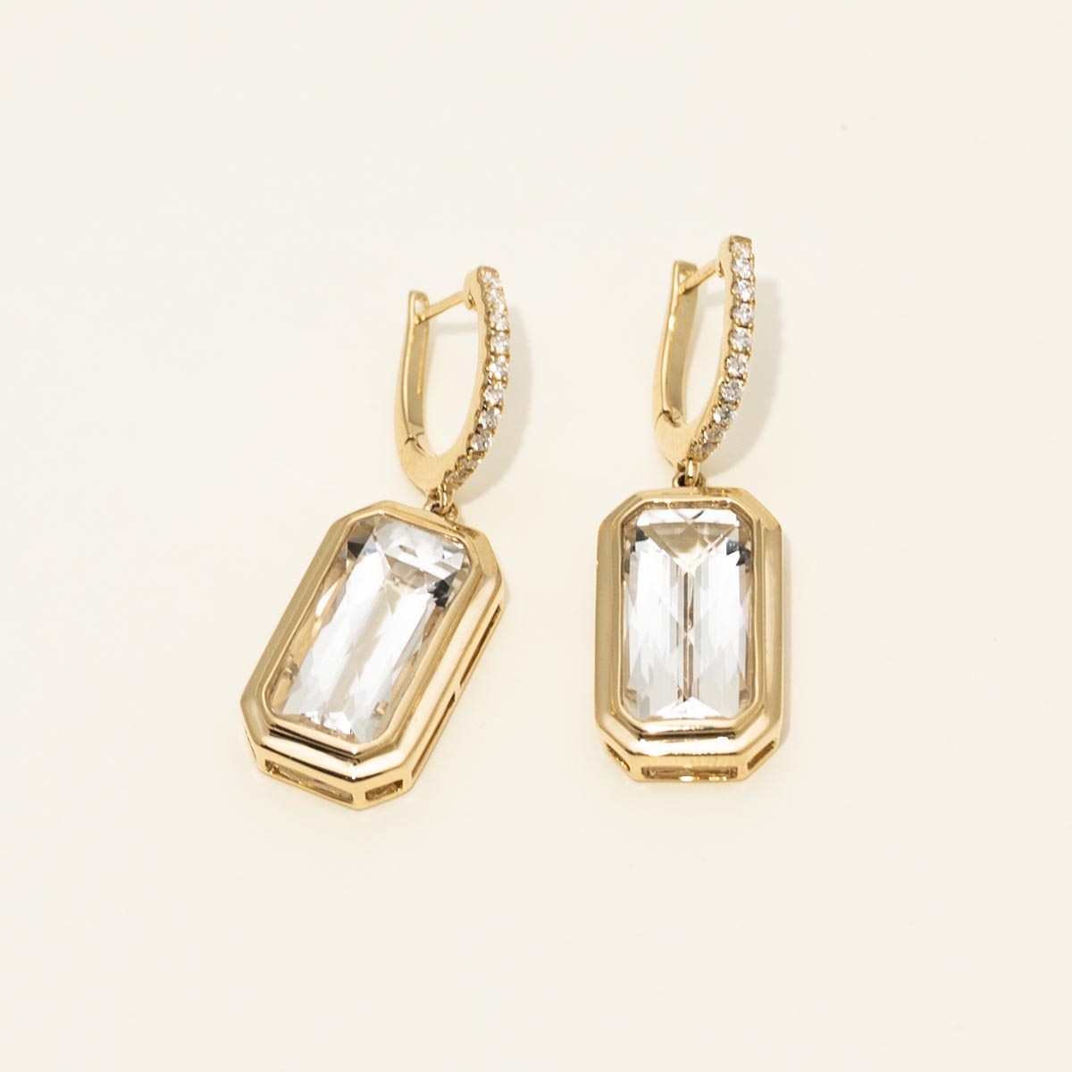 Emerald Cut Colorless Topaz Bezel Drop Earrings in 14kt Yellow Gold with Diamonds (1/7ct tw)