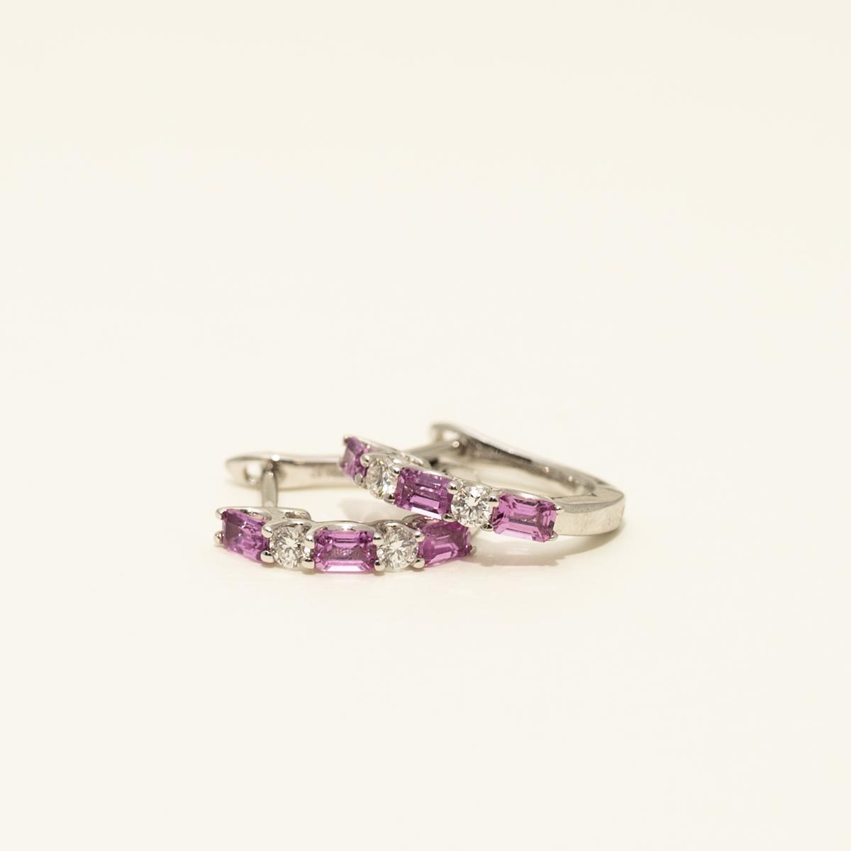 Emerald Cut Pink Sapphire Hoop Earrings in 14kt White Gold with Diamonds (1/7ct tw)