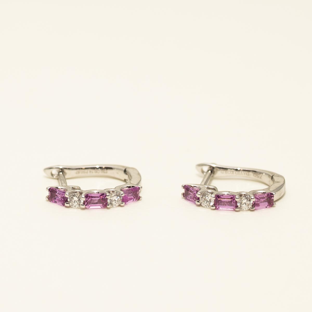 Emerald Cut Pink Sapphire Hoop Earrings in 14kt White Gold with Diamonds (1/7ct tw)
