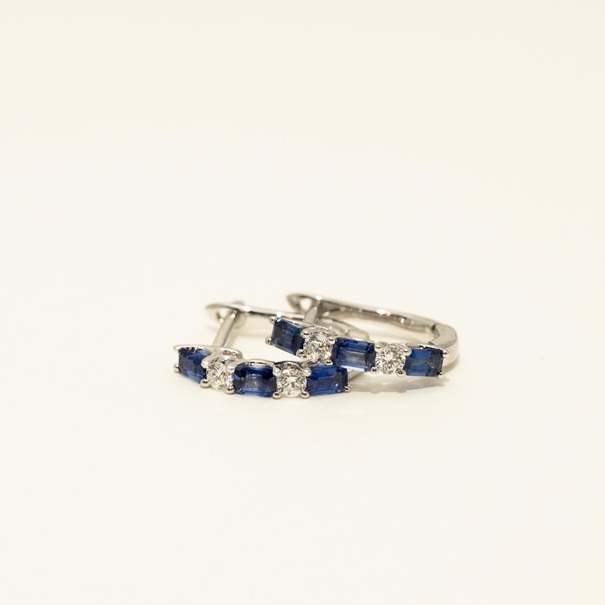 Emerald Cut Sapphire Hoop Earrings in 14kt White Gold with Diamonds (1/7ct tw)