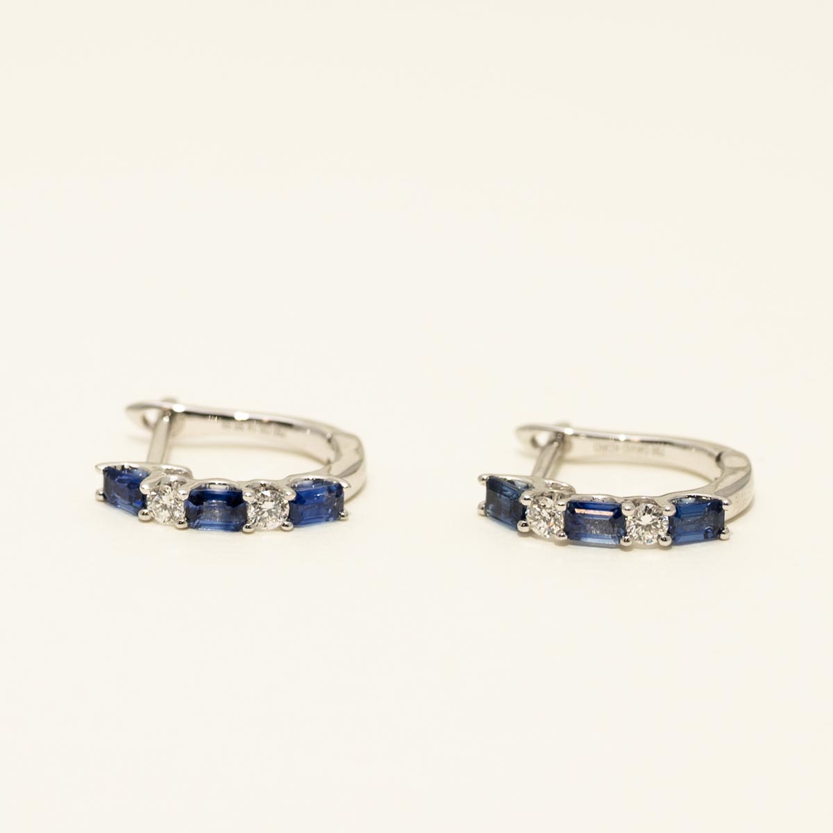 Emerald Cut Sapphire Hoop Earrings in 14kt White Gold with Diamonds (1/7ct tw)