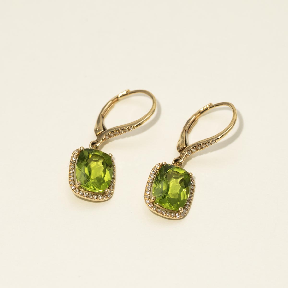 Madison L Cushion Cut Peridot Drop Earrings in 14kt Yellow Gold with Diamonds (1/5ct tw)