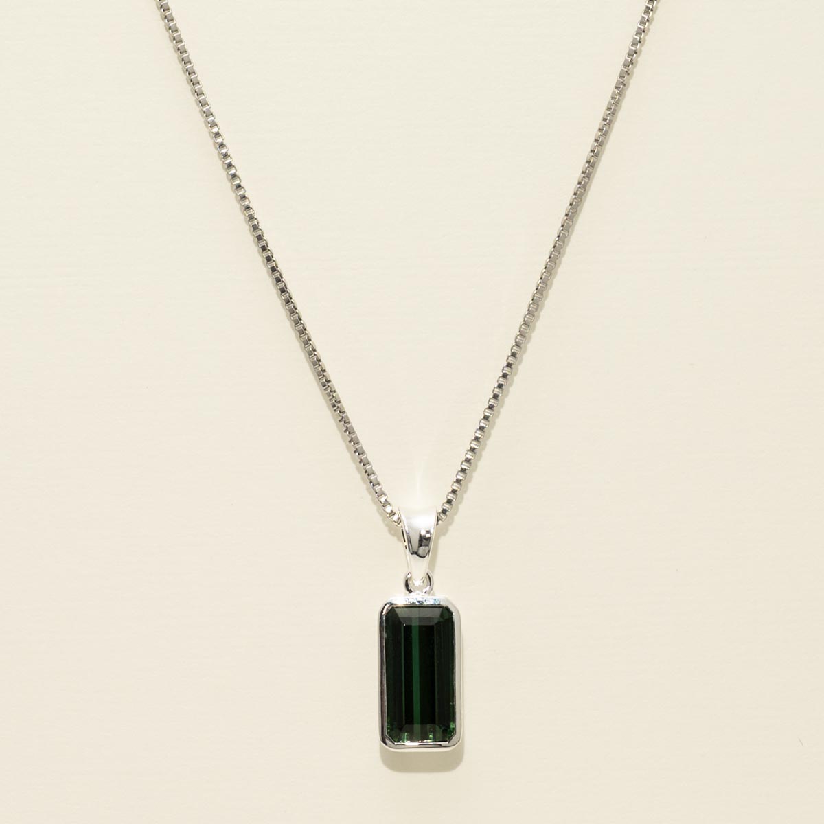 Emerald Cut Green Tourmaline Bezel Necklace in Sterling Silver