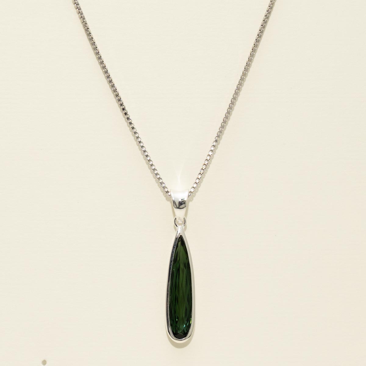 Pear Shape Green Tourmaline Bezel Necklace in Sterling Silver