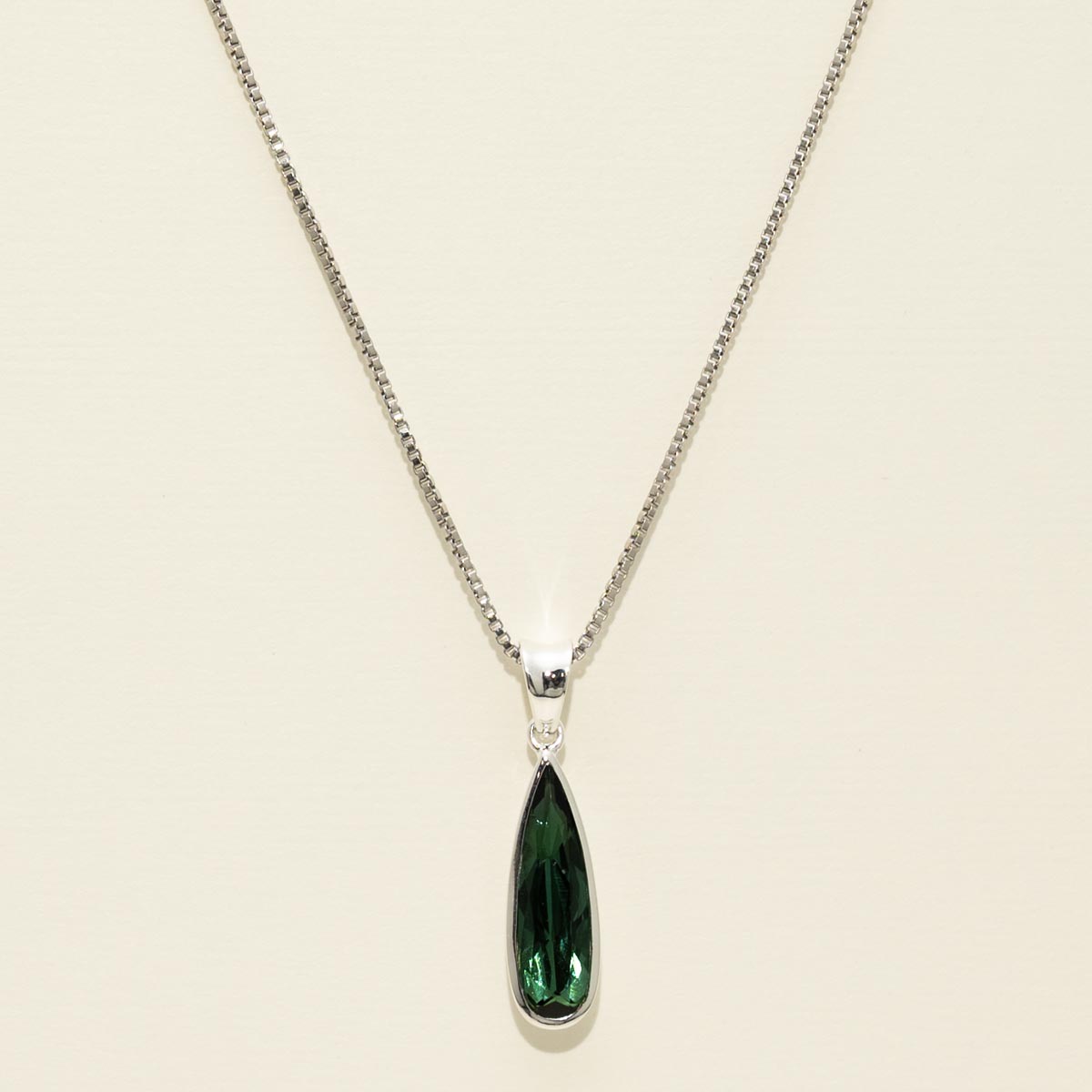 Pear Shape Green Tourmaline Bezel Necklace in Sterling Silver