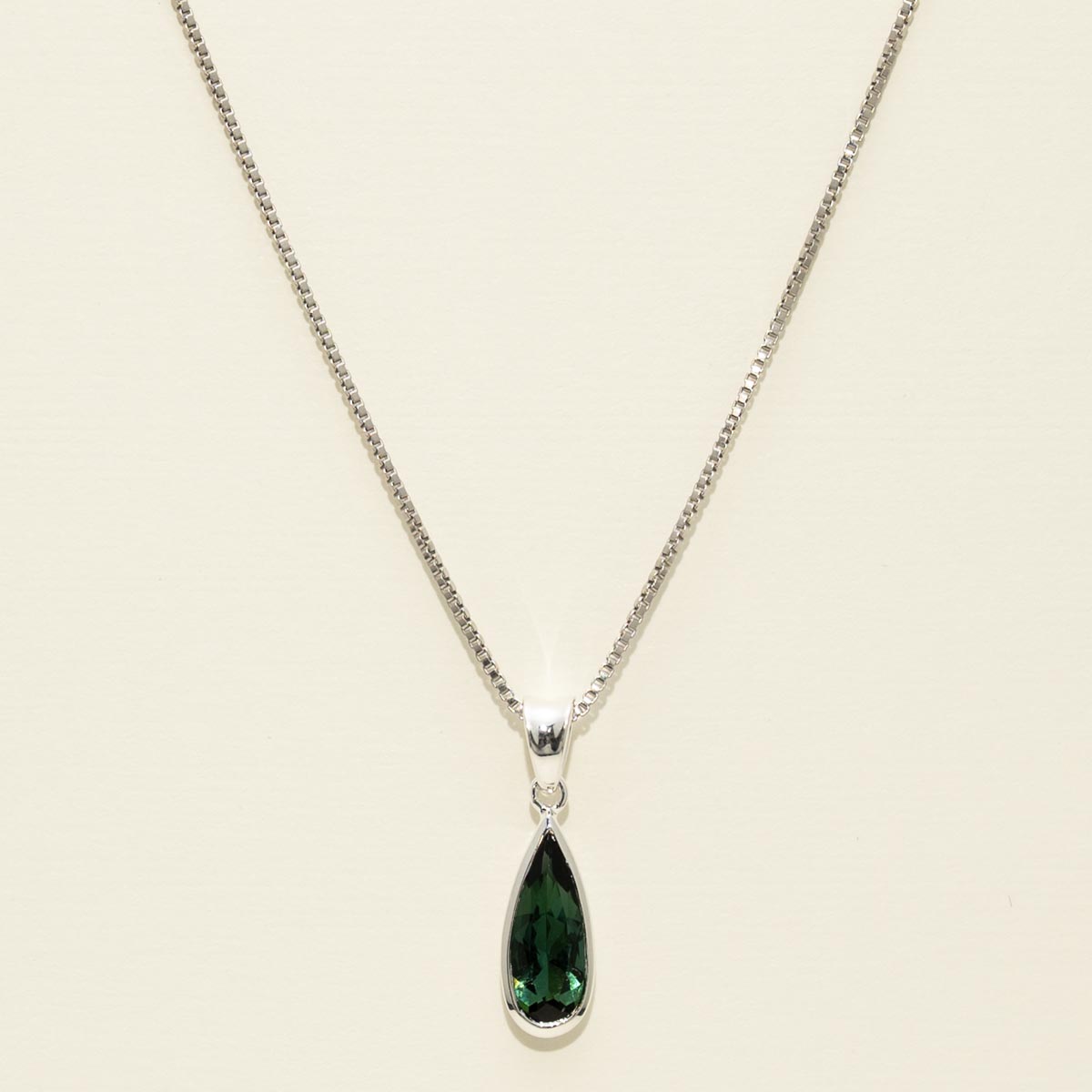 Pear Shape Green Tourmaline Bezel Necklace in Sterling Silver