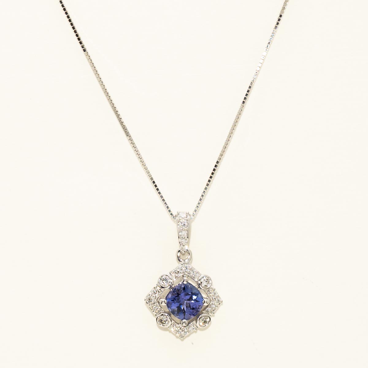 Cushion Cut Tanzanite Necklace in 14kt White Gold with Diamonds (1/5ct tw)