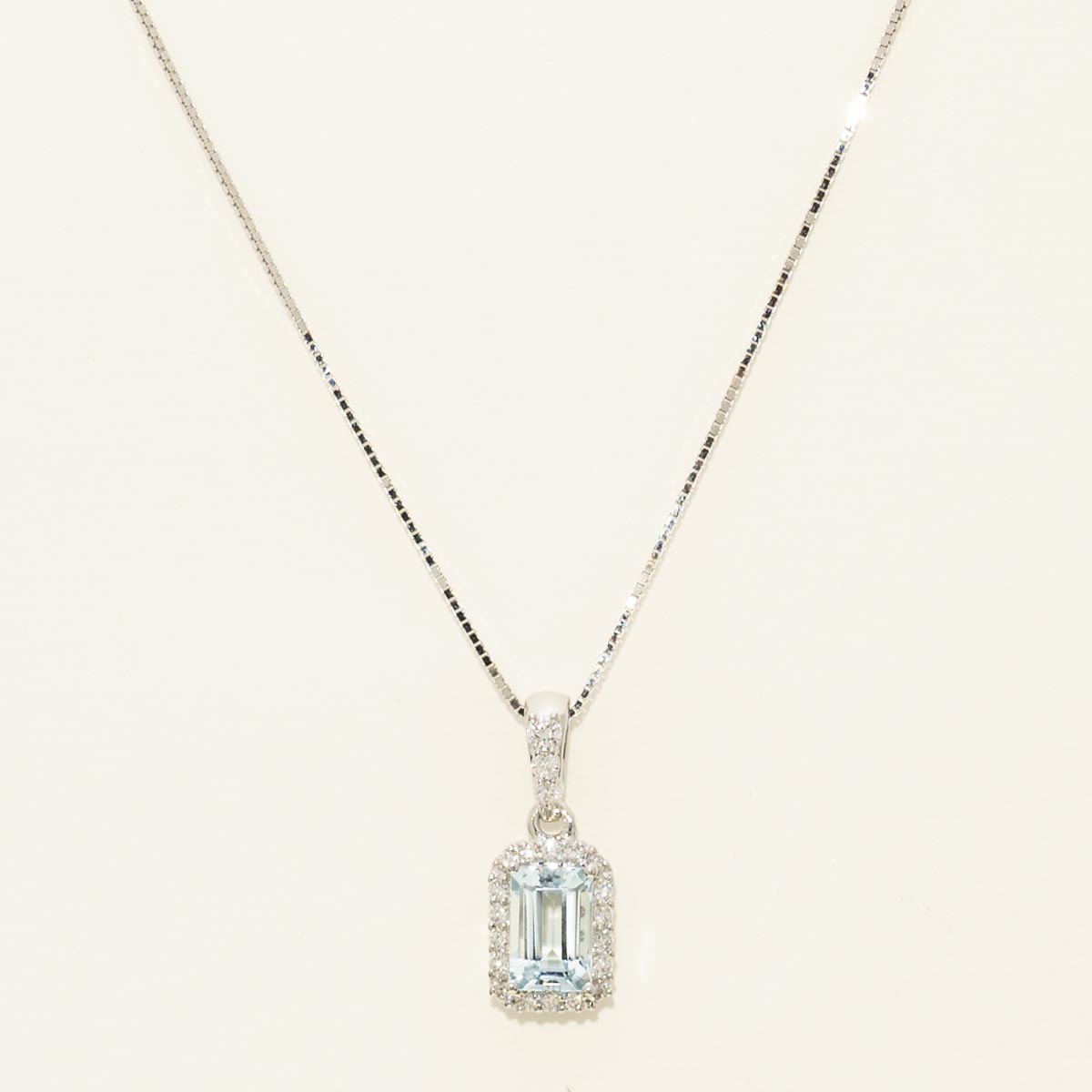 Emerald Cut Aquamarine Necklace in 14kt White Gold with Diamonds (1/7ct tw)