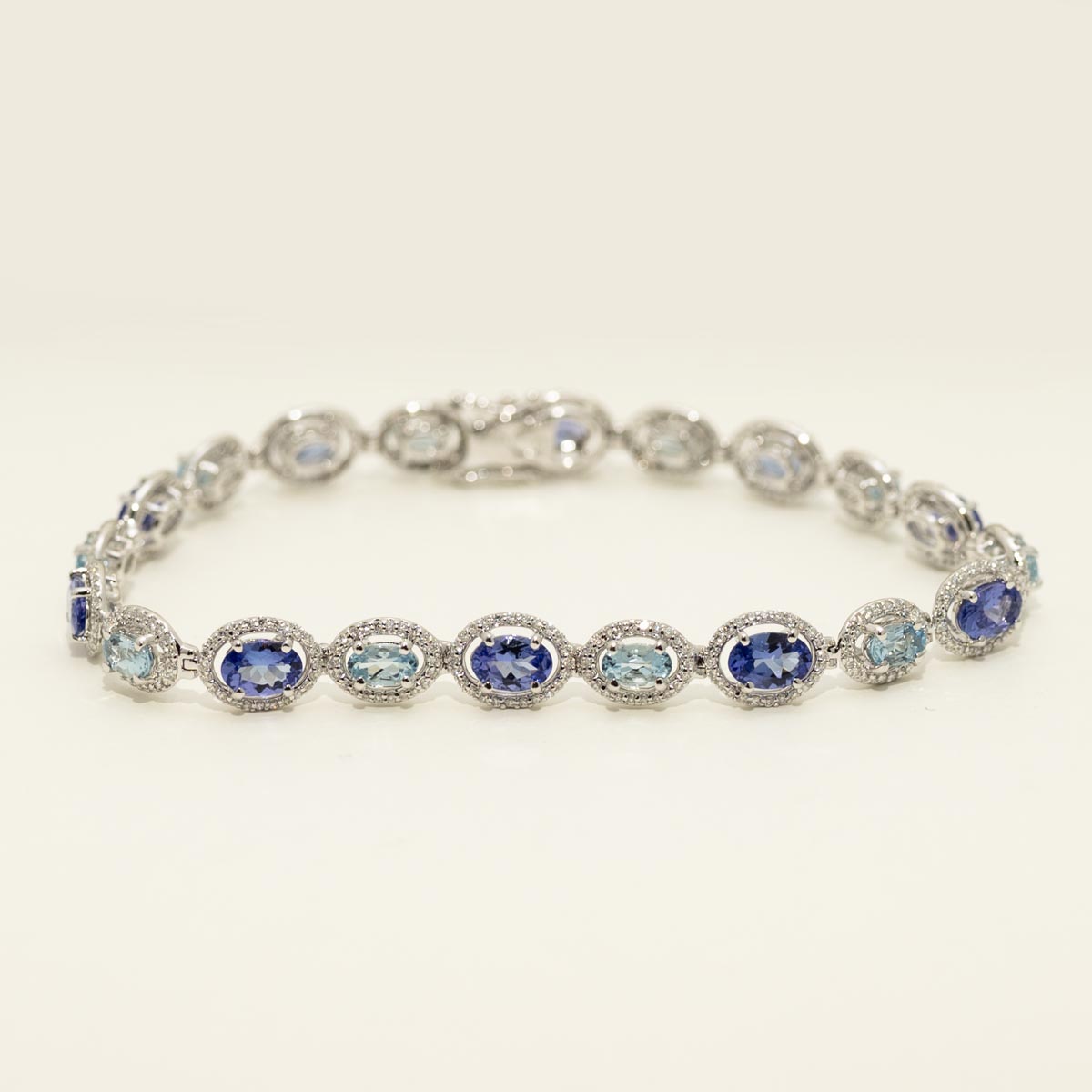 Oval Aquamarine and Tanzanite Halo Bracelet in 14kt White Gold with Diamonds (1ct tw)