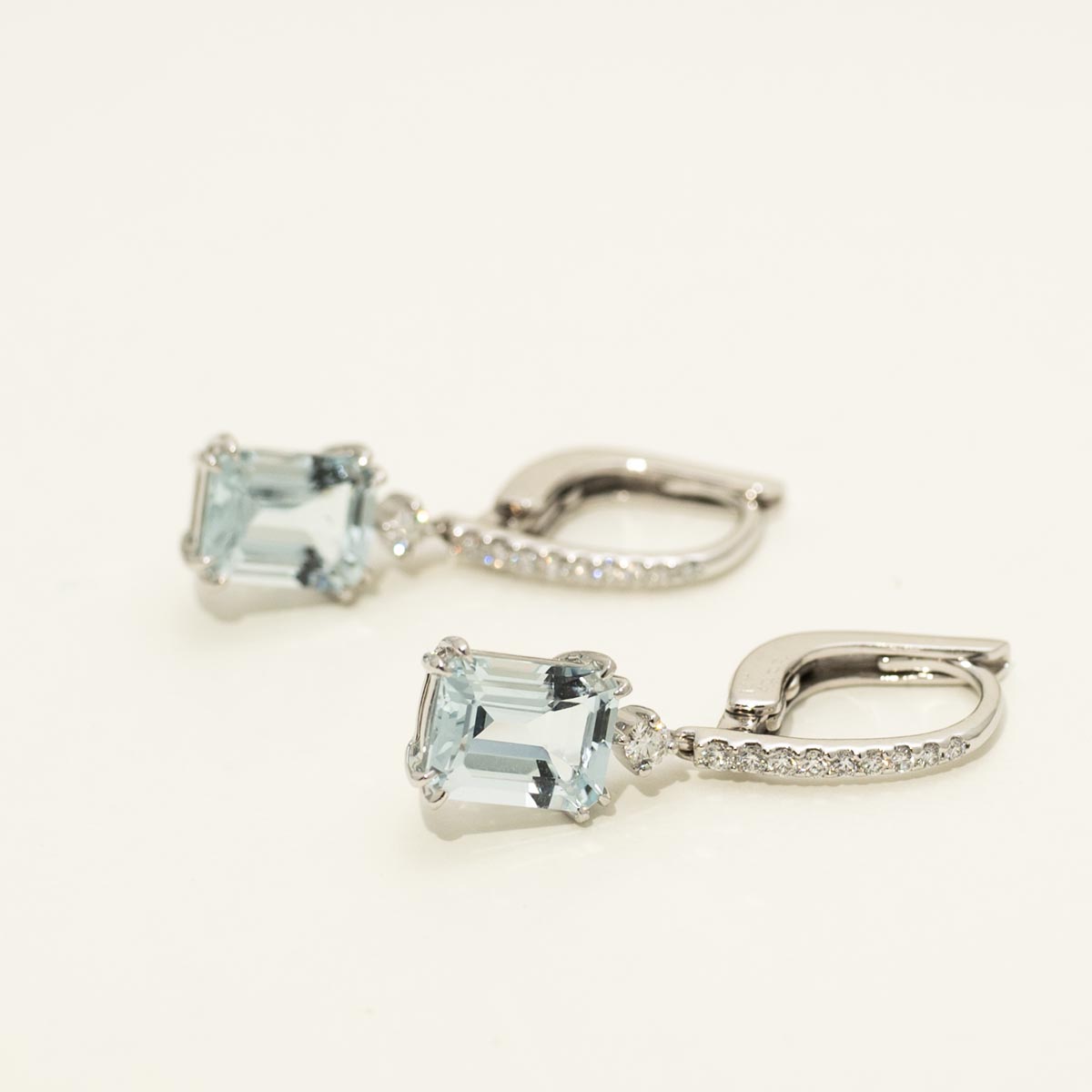 Emerald Cut Aquamarine Earrings in 14kt White Gold with Diamonds (1/3ct tw)