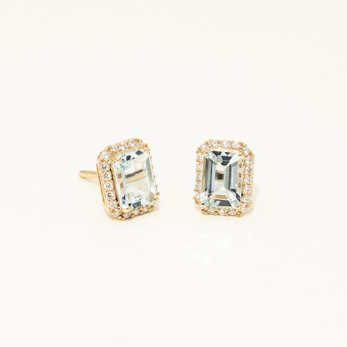 Emerald Cut Aquamarine Earrings in 14kt Yellow Gold with Diamonds (1/5ct tw)