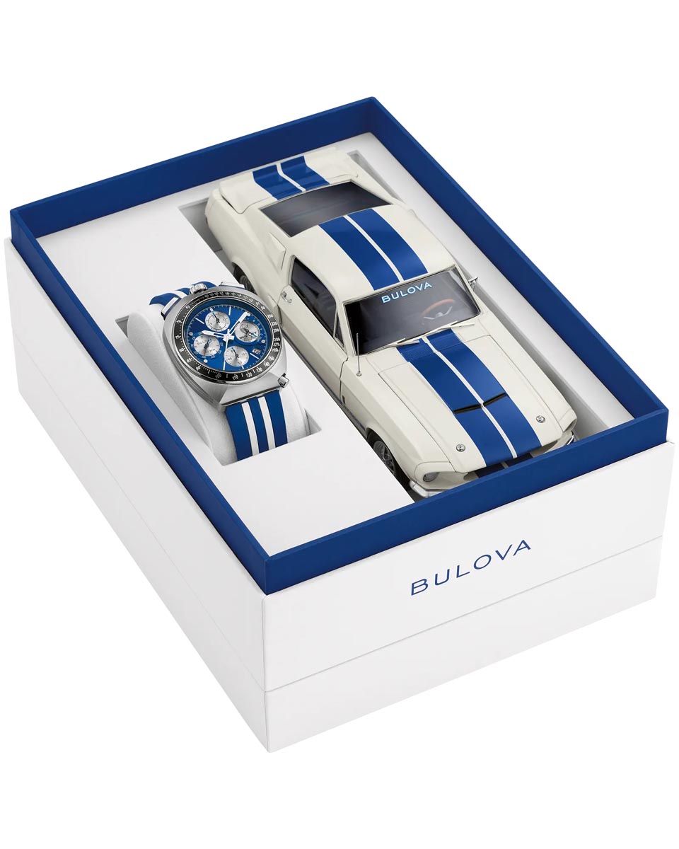 Bulova Limited Edition Shelby Racer Watch with Blue Dial and Blue and White Strap (quartz movement)