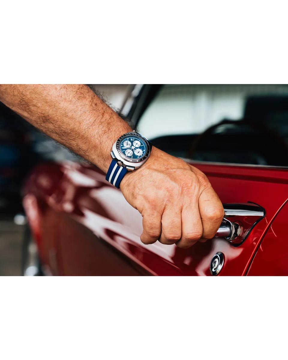 Bulova Limited Edition Shelby Racer Watch with Blue Dial and Blue and White Strap (quartz movement)